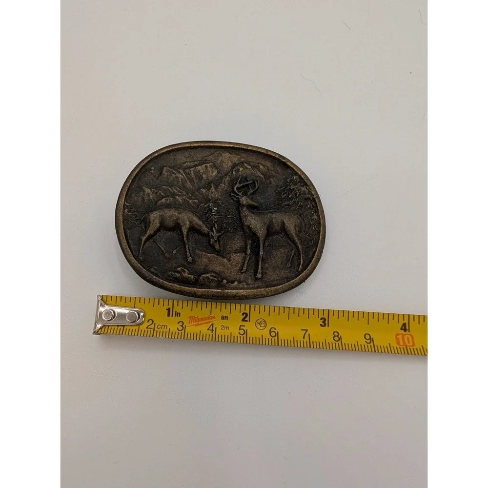 Vintage Indiana Metal Craft Brass Belt Buckle With Buck And Doe Scene